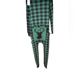 Silver Lily Women’s Large One Piece Pajama “Oh Deer” Green & Black Buffalo Plaid